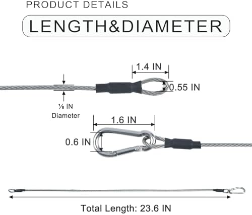 1/8" Stage Light Cables 20 Pack,23.6" Safety Cables with Carabiner Lock for DJ Light Equipments,Stainless Steel Wire Ropes,120lb Load Capacity