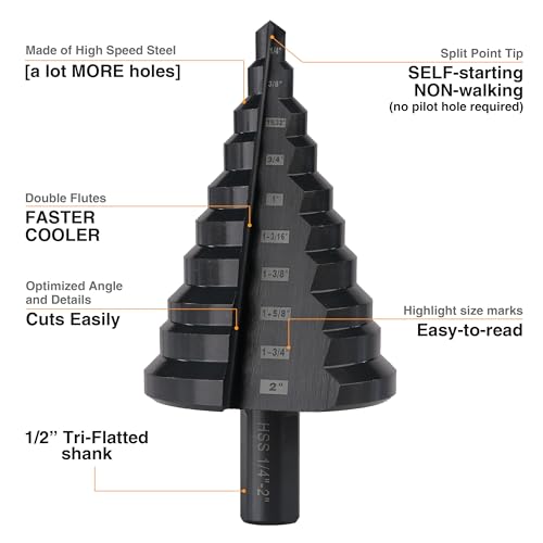 1/4" - 2" Large High Speed Steel Step Drill bits, Doubles Flutes Large Step Bits for Hole Drilling in Iron, Copper, Aluminum, Wood, Plastic…