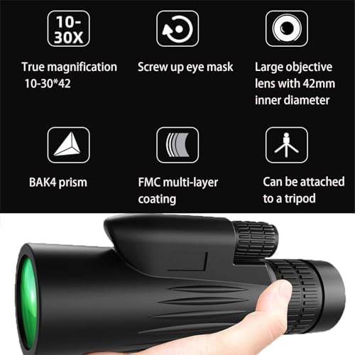 10-30 Zoom Monocular Telescope, Adult 10-30x42 Zoom Monocular, Compact Portable Monocular, Lightweight Handheld Pocket Telescope with Hand Strap, Zoom Monocular Telescope for Bird Watching