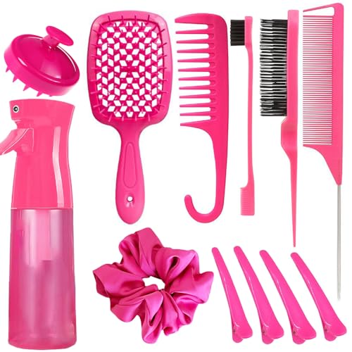 12 Pcs Hair Brush Set, 3 Pieces Slick Back Hair Brushes for Toddlers, Women, Detangling Brush for Wet Dry Curly Hair, Edge Bristles Wide Tooth Rat Tail Combs for Baby Girls (Rose Red)