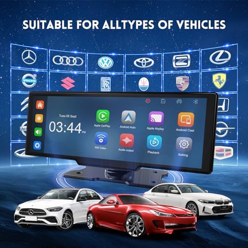 10.26" HD Wireless Android & Carplay Screen for Car, Portable Touchscreen Car Stereo with 4K Dash Cam, 1080P Backup Camera, Bluetooth, AUX/FM, Siri, Mirror Link, GPS Navigation