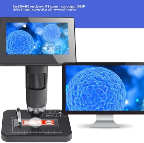 1080P Digital Microscope with 5in 800x480 Screen, USB 2600mAh Camera Microscope with Optical 1000X Digital 8X Zoom 3 Lighting Modes, Microscope for Soldering Research
