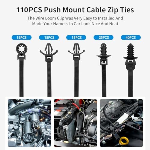 110 PCS Automotive Installation Black Push Mount Cable Zip Ties Assorted Sizes, Heavy Duty Self-Locking UV Resistant Wire Ties - For Indoor Wire Bundling, Construction, Automotive