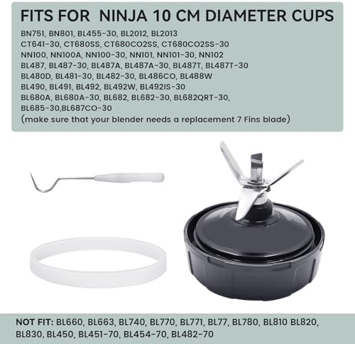 1 Pack Ninja Blender Replacement Part, 7 Fins Ninja Blender Blade with Rubber Gasket, Stainless Steel High Speed New Bearing, Compatible with Ninja Blenders Auto iQ BL480 BL482 BL682 BL642 NN102 Etc.