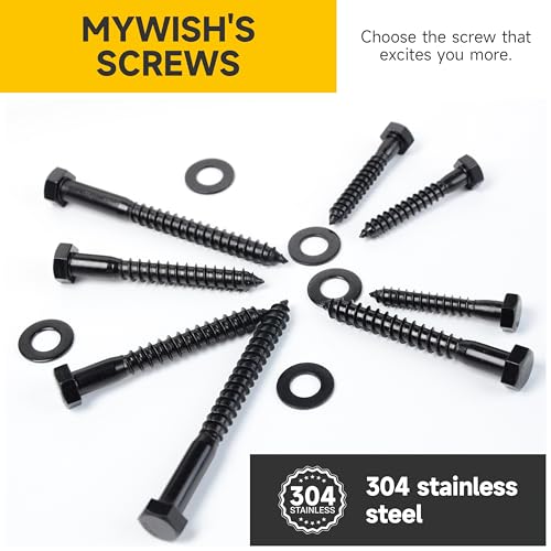(20Sets) 1/4" x 2" Hex Head Lag Bolts, Heavy Duty Lag Screws with Washers, 304 Stainless Steel Bolts 18-8, Lag Screws Wood Screws, Partial Thread Black Oxide, 1/4 Bolt by Mywish