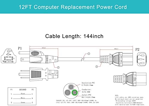 12FT Computer Monitor Replacement Power Cord -Black Long Standard PC Replace AC 3 Prong Power Supply Cord Heavy Duty 18AWG IEC C13 Power Cable NEMA 5-15P to C13 10A 125V for Monitor/TV/Computer