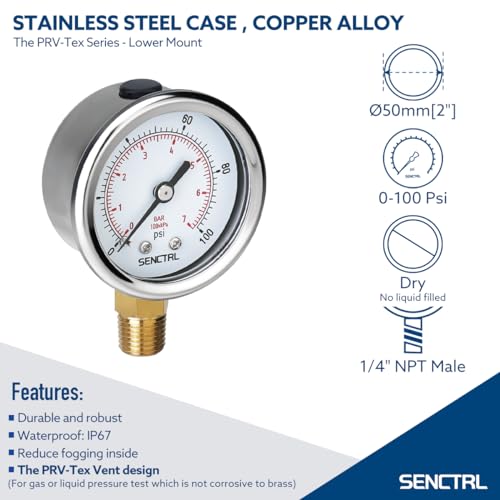 0-100 Psi Pressure Gauge, 2" Dial Size, 1/4 NPT Lower Mount, Waterproof, Stainless Steel Case, for Water Filter Well Pump Air Tire Low Pressure Test