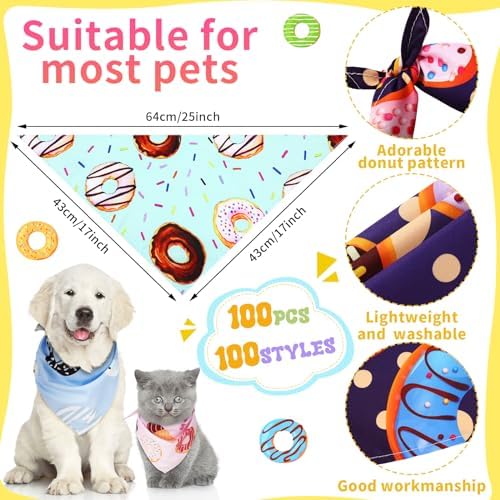 100 Pcs Dog Bandanas Bulk Pet Bibs Colorful Triangle Scarf Pet Bandanas for Medium Large Dogs Spring Summer Birthday Costume Decoration (Donut)