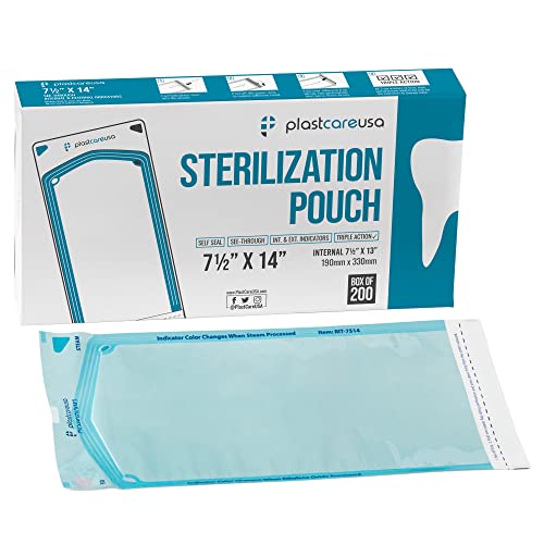 1000 7.5 X 13 Self Sterilization Pouches for Dental Offices, Autoclave Sterilizer Bags Pouch for Dentist Tools, for Cleaning Tools, 200 Pouches Per Box, 1 Box of Paper Blue Film