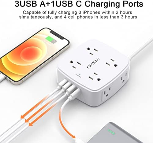 10 Ft Surge Protector Power Strip - YISHU 3 Side Outlet Extender with 8 Widely AC Outlets and 4 USB Ports, 10 Feet Extension Cord with Flat Plug, Wall Mount Desk USB Charging Station, ETL,White