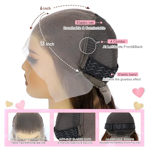 13x6 Highlight Ombre Lace Front Wig Human Hair Wigs For Women 180% Density 1B/30 HD Deep Wave Lace Frontal Wigs Curly Highlight Brown Wig Human Hair Pre Plucked With Baby Hair Colored (38 Inch)