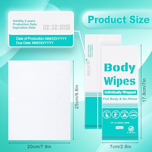 100Pcs Disposable Body Wipes, 7.8 x 9.8 inch Individually Wrapped Bath Wipes for Women and Men, No Rinse-Free Large Body Bath Shower Wipes for Home Travel Hotel Outdoors Camping After Gym (Light Blue)
