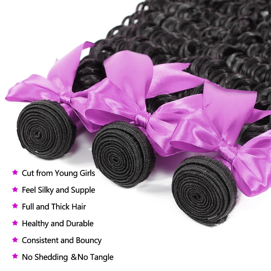 12A Deep Wave Bundles Human Hair 14 16 18 Inch Deep Curly Human Hair Bundles 100% Unprocessed Brazilian Virgin Weave 3 Bundles Double Weft Raw Remy Hair Bundles Deals Full And Thick