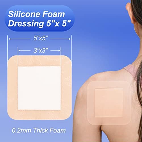10 Packs Silicone Foam Dressing 5"x5", Silicone Foam Dressing with Border Adhesive Bandages for Wounds, HSA FSA Eligible, Large Foam Bandages for Pressure Sores Leg Ulcer