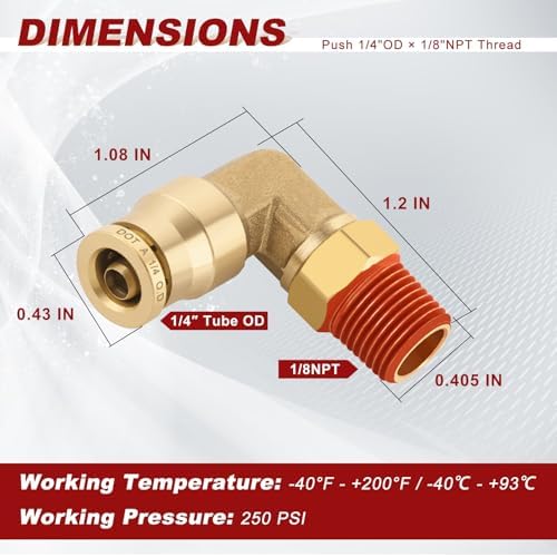 1/4" Quick Push to Connect Fittings Brass 90 Degree Union Swivel Elbow Joint DOT Approved 1/4" Tube OD x 1/8" NPT Thread Air Brake Line Adapter Air Suspension Kit for Car Truck Trailers 2pcs