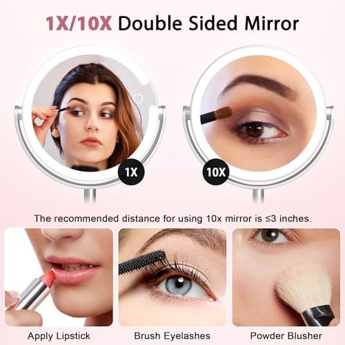 10x Magnifying Mirror with Light - 8in Double Sided Makeup Mirror, 360° Rotation Magnifying Mirror with Light, Portable Travel Makeup Mirror with 3 Color Light,Rechargeable Adjustable Vanity Mirror
