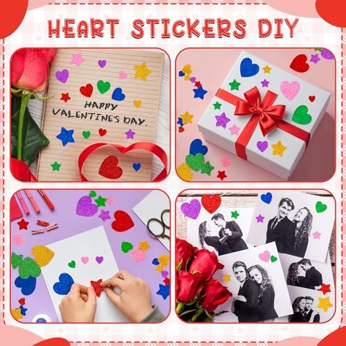 1000 PCS Foam Heart Stickers, Glitter Foam Hearts for Crafts, Self-Adhesive Valentine Day Decor, 3 Sizes Valentine Foam Stickers Heart Star Foam Stickers for Kids Crafts DIY Cards Envelop Frame