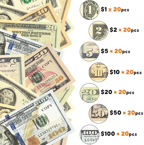 140 PCS Fake Money for Kids Pretend Play - Play Money for Teaching, Prop Money for Board Game, Movie, Magic
