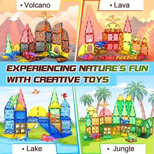 102PCS Dinosaur Toys Magnetic Tiles with 8 Dinosaurs - Jurassic Scenes Dinosaur World Adventure Set, Magnetic Blocks Kids Toys for Boys & Girls Ages 3+, Sensory Toddler Toys Creative Kids Games Gifts