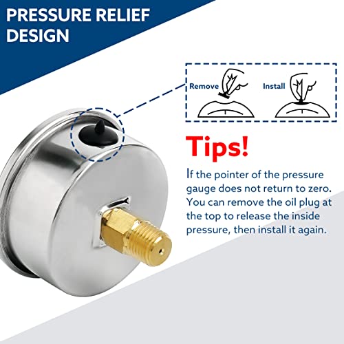 0-160 Psi Glycerin Liquid Filled Air Pressure Gauge, 2.5" Dial Size, 1/4" NPT Back Mount, Stainless Steel Case, for Water Pump, Tire, Large Air Compressor, Well, RV Regulator Pressure Test