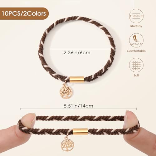 10 PCS Hair Ties Bracelets, Boho Hair Ties for Thick & Thin Hair, Cute Stretch Bracelets, Braided Hair Ties for Ponytail Holders, 5 Styles Hair Ties No-Damage, Dark Coffee