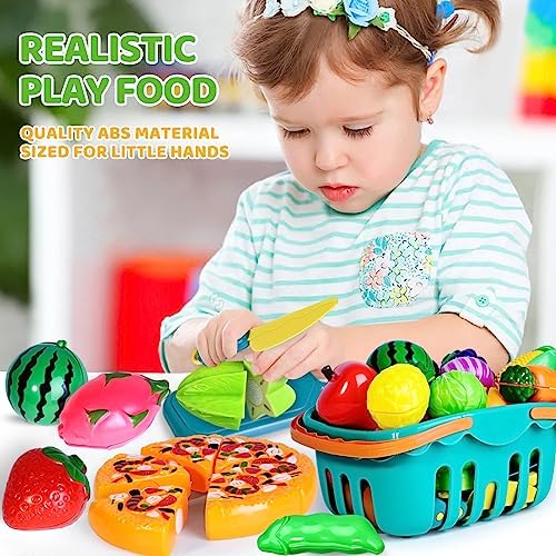 100 PCS Cutting Play Food Toy for Kids Kitchen, Pretend Food Toys for Toddlers, Play Kitchen Toys Accessories with 2 Baskets, Fake Food/Fruit/Vegetable, Birthday Gifts for 3 4 5 Years old Boys Girls