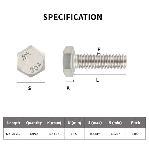 12Pcs 1/4-20 x 5 Hex Head Screws Bolts,304 Stainless Steel 18-8,Fully Threaded,External Hex Drive,Mounting Chair,Rail,Pump,Wheels,Handles,Antenna Parts,Boat and Plastic Bumpers(VG10213)