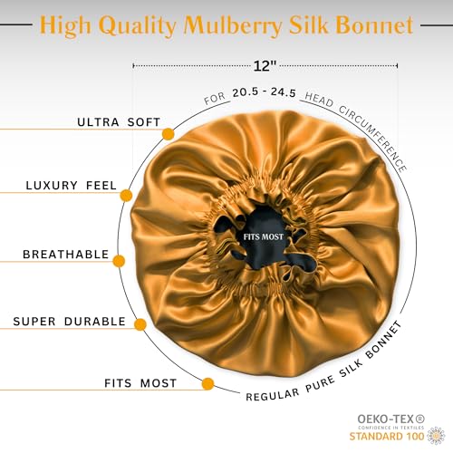 100% Pure Silk Bonnet for Sleeping Women - Reversible Mulberry Silk Hair Wrap - Satin Sleep Bonnet for Black Women - Silk Bonnet Satin Head Wrap for Sleeping - Made in USA (Amber Yellow and Black)