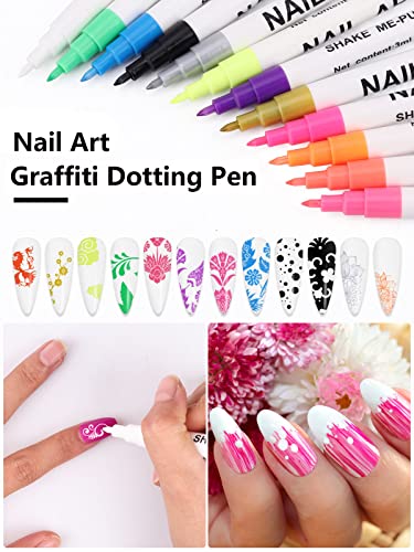 12 Color Fluorescent 3D Nail Art Pens Set, Kalolary Nail Point Graffiti Dotting Pen Drawing Painting Liner Brush for DIY Nail Art Beauty Adorn Manicure Tools(D)