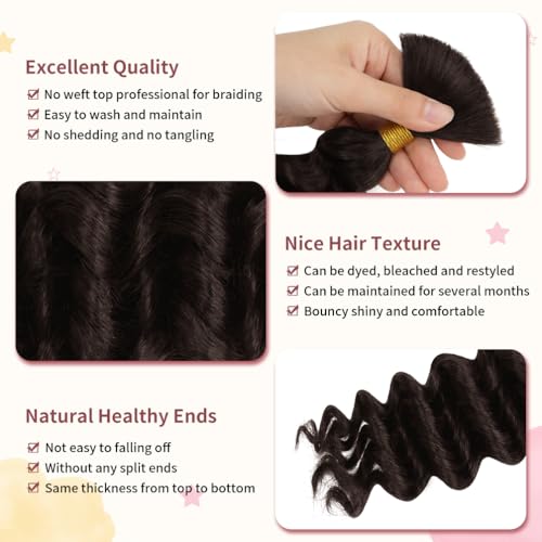 1 Bundle Human Braiding Hair for Boho Braids, 16Inch 40G #2 10A Brazilian Virgin Deep Wave Bulk Human Hair for Braiding, Wet And Wavy No Weft Curly Braiding Hair for Boho Knotless Braids