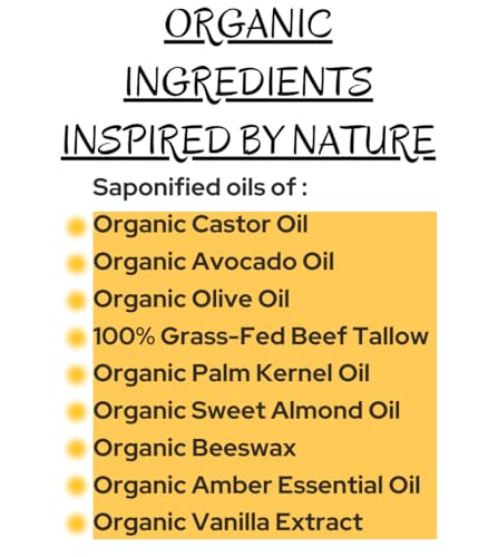 Amber Vanilla- Handcrafted with Grass-Fed Beef Tallow and Organic Oils - Scented with Organic Essential Oils - Artisanal Bar Soap - 3 Pack - Each Bar Unique
