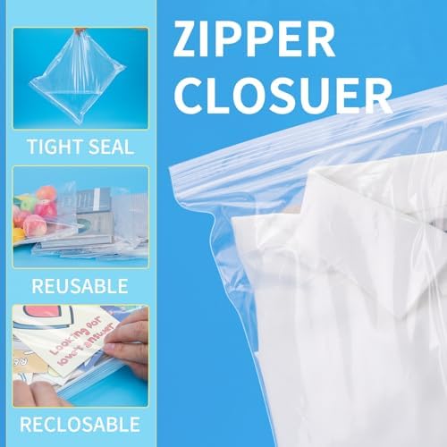 10" X 13" (120 Count) Clear Large Zip Bags, Poly Plastic Bags with Resealable Lock Seal Zipper for Clothing, T-Shirt, Prints, Photos, Documents