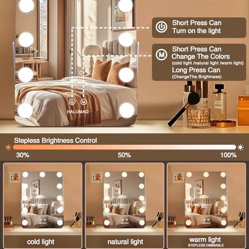 13.9" x 10.7" Vanity/Makeup Mirror with Lights, Hollywood Lighted Vanity Mirror with 11 Dimmable LED Bulbs,3 Color Modes,Touch Control Led Mirror Makeup,Dimmable,for Vanity Desk Tabletop,Bedroom