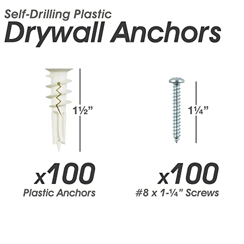 #8 Self Drilling Drywall Plastic Anchors with Screws - No Pre Drill Hole Preparation Required - 75 Lbs (100 Pack)
