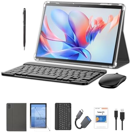 10.1 Inch Android 13 Tablet with SIM Card Slot 4G LTE Calling,12GB+512GB, 8000mAh Battery, Triple Camera, Bluetooth/WiFi, Bundle with Case, Keyboard, Mouse & Stylus (Black)