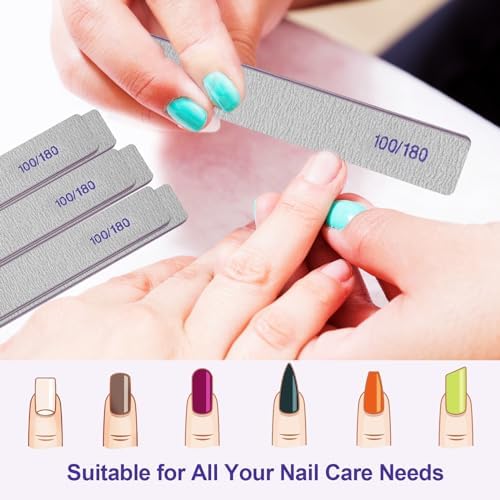 100/180 Grit Nail File (6 Pack), Emery Board Nail Files for Acrylic Nails and Natural Nails, Double Sided Emory Boards Professional Nail Filer Reusable Washable Manicure Square Gray