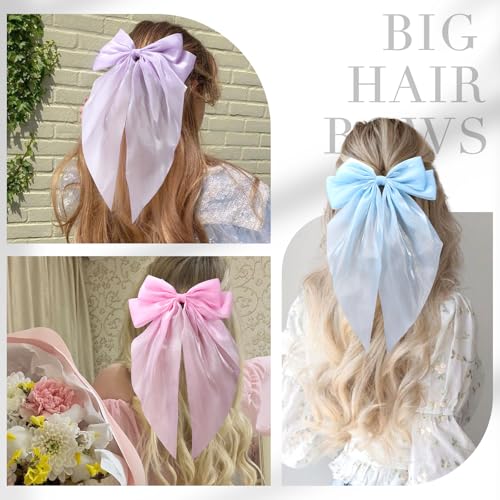 10 PCS Big Hair Bows for Women Girls,TOKUFAGU Large Hair Ribbon Bow Barrette Clips for Girls,Hair Bows with Long Tail Vintage French Hair Accessories for Women (Polished satin surface)