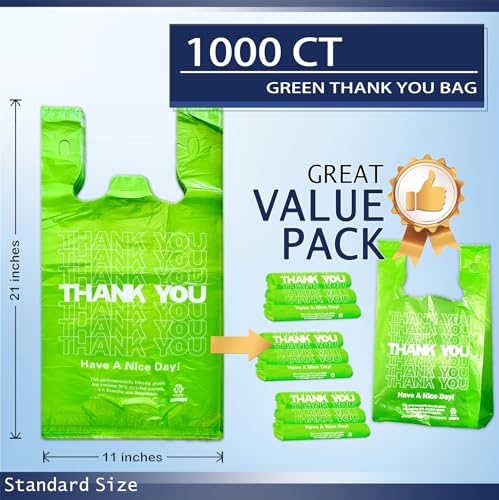 1000PACK Green Thank you bags, T shirt bags, Plastic Bags with Handles, Grocery shopping bag Reusable and Disposable Supermarket Bag 11.5''x6.25''x21'' (Green),Medium