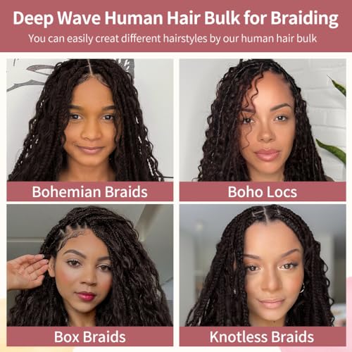 1 Bundle Human Braiding Hair for Boho Braids, 16Inch 40G #2 10A Brazilian Virgin Deep Wave Bulk Human Hair for Braiding, Wet And Wavy No Weft Curly Braiding Hair for Boho Knotless Braids