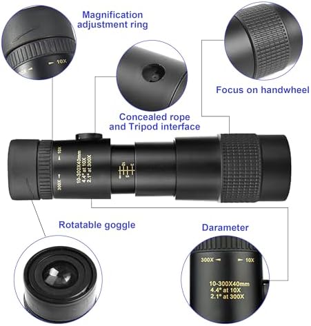 10-300x40 Military Telescope - Monoculars for Adults High Powered, Compact Monocular Telescope for Hunting, Star Gazing, Bird Watching, Travel (Smartphone Adapter & Tripod Include)