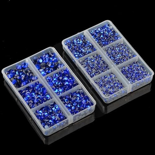 10000Pcs 2-Boxes Mixed Size Hot Fix Round Crystals Gems Glass Stones Hotfix Flat Back Rhinestones with Tweezers and Picking Pencil (Sapphire)