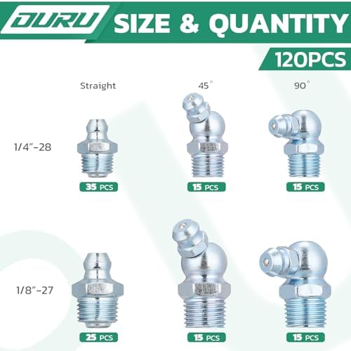120PCS SAE Grease Fittings Assortment,NPT 1/4" 1/8" Zerk Grease Fittings Kit Straight 45 90 Degree Grease Nipple