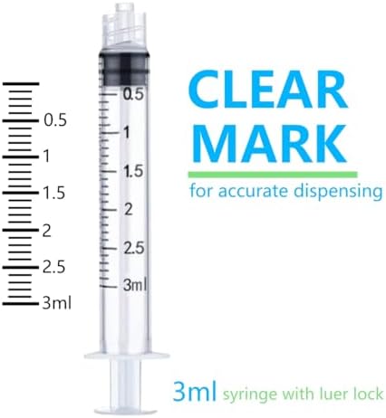 100 Pack 3ml/cc Plastic Syringe Luer Lock Tip - Liquid Measuring Syringe Tools (No Needle) - Sterile Individually Sealed Wrapped