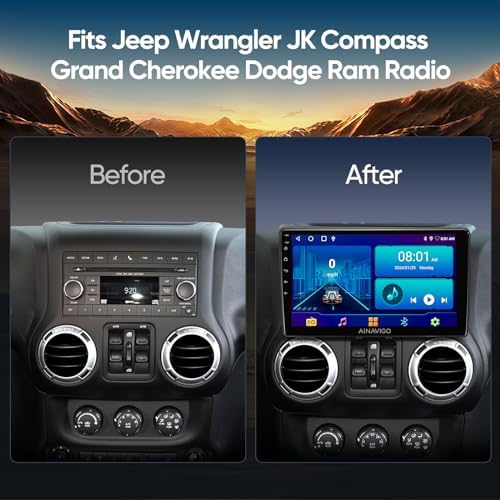 10.2 Inch Car Radio Stereo Upgrade Replacement for Jeep Wrangler JK Compass Grand Cherokee Dodge Ram with Wireless CarPlay/Android Auto/Touch Screen/Android12/GPS Navigation/HD Backup Camera