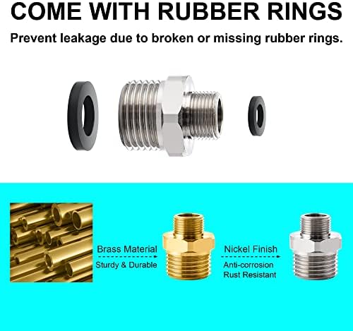 1/2 to 3/8 Reducer Faucet Adapter - Compression Brass Pipe Fitting, 3/8 Male to 1/2 Male Supply Line Adapter for RV Kitchen Plumbing, Water Hose Pipe Connector with Rubber Washer, (2 Pack)