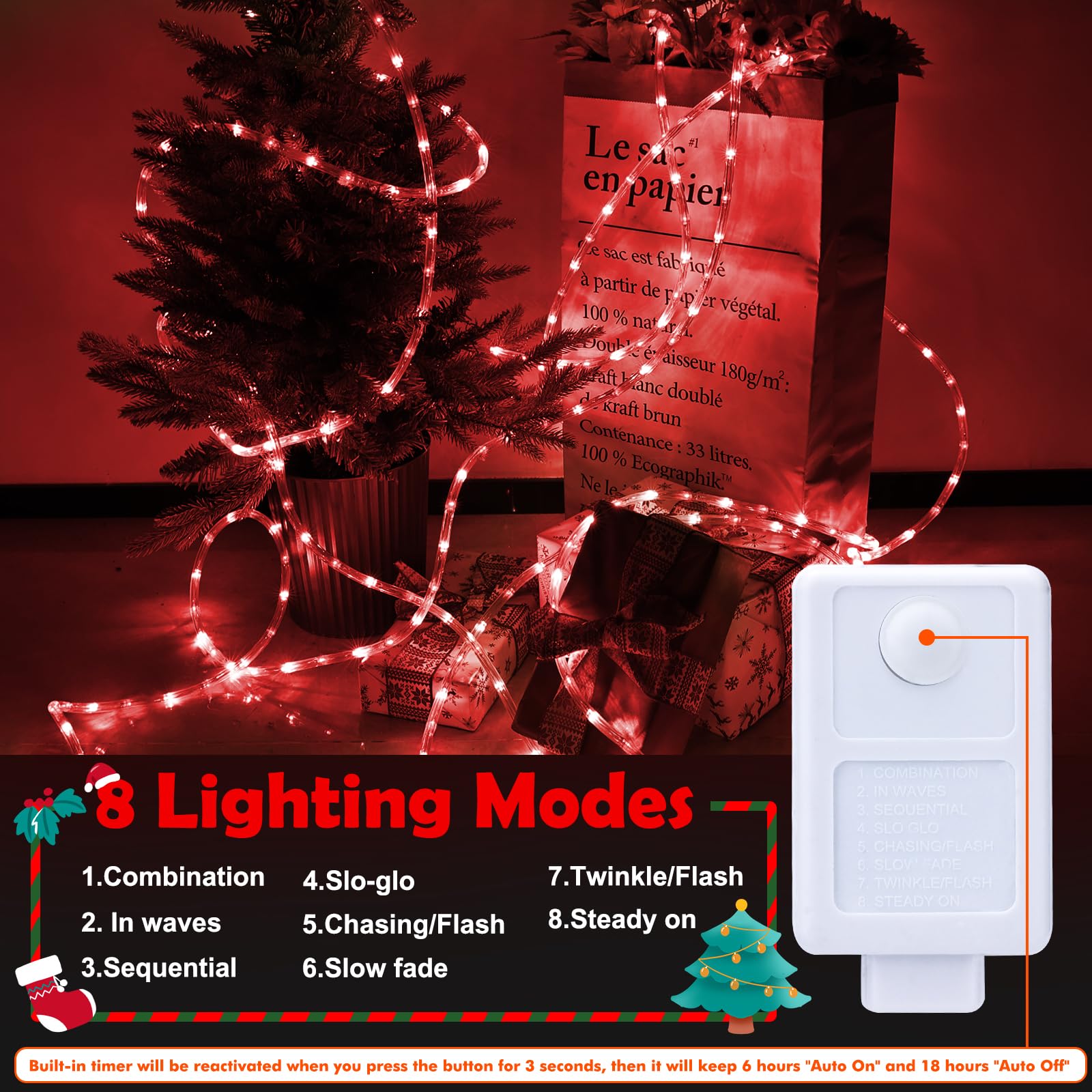 100ft LED Rope Lights Outdoor, 720 LED Connectable and Flexible Tube Lights with 8 Modes, Waterproof LED Rope Lighting for Garden, Patio, Pool, Bedroom, Party, Indoor Outdoor Christmas Decor (Red)