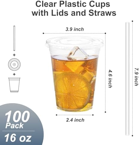 100 Pack - 16 oz Clear Plastic Cups with Lids and Straws, Sturdy & Food Safe Iced Coffee Cups with lids, Iced Coffee Cup, Disposable Cups Plastic Coffee Cups Smoothie Cups for Cold Drinks