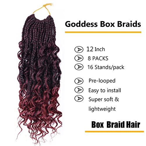 12 Inch Crochet Box Braids Curly Ends 8 Pack Goddess Box Braids Crochet Hair,Boho Box Braids Crochet Hair Pre Looped,Bohomian Box Braids Synthetic Braiding Hair Extensions for Black Women T118