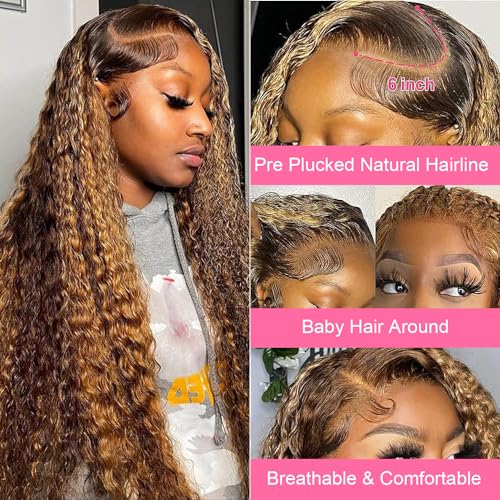 13x6 Deep Wave Lace Front Wigs Human Hair Pre Plucked #4/27 Highlight Ombre Colored Glueless Wigs Water Wave Honey Blonde Curly Lace Frontal Wigs Human Hair for Women with Baby Hair 22 Inch