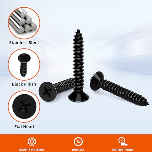 #10 x 1-1/2" Flat Head Wood Screw, Sheet Metal Screws, Stainless Steel 18-8 (304), Black Finish, 100 PCS